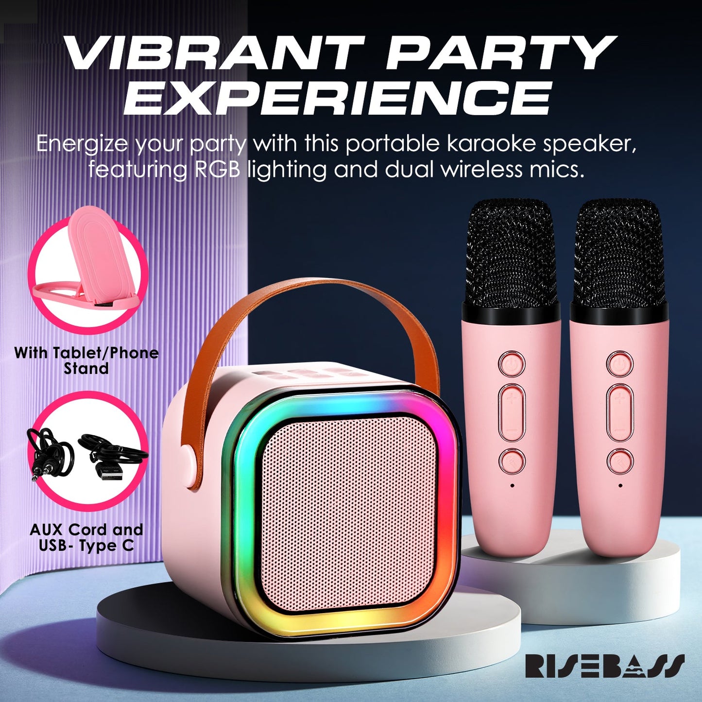 Risebass Mini Karaoke Machine for Kids Adults, Portable Bluetooth Speaker with 2 Wireless Microphones, Toys Birthday Gifts for Girls Years Old Toddler Teens.-1