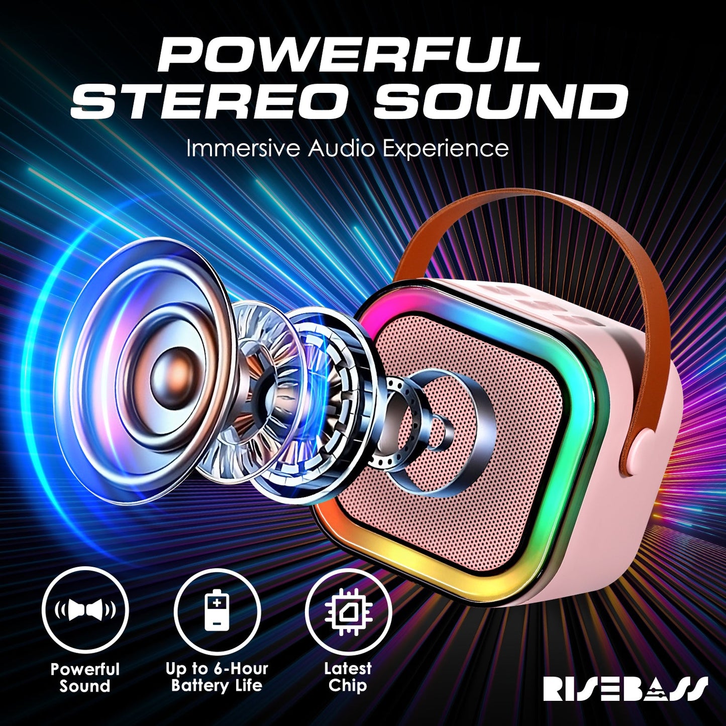 Risebass Mini Karaoke Machine for Kids Adults, Portable Bluetooth Speaker with 2 Wireless Microphones, Toys Birthday Gifts for Girls Years Old Toddler Teens.-2