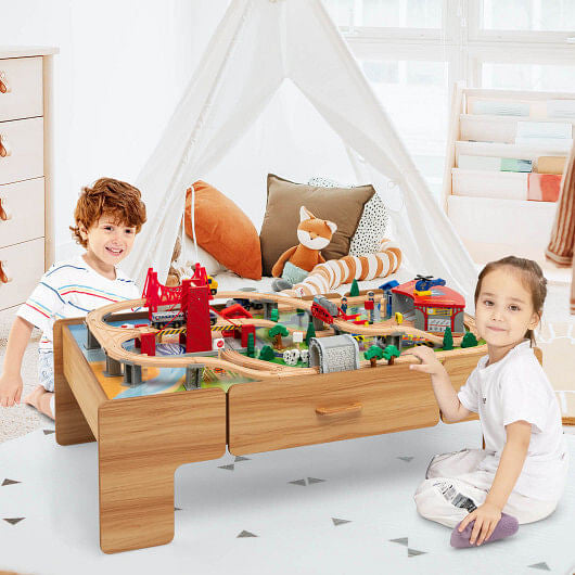 Kids Double-Sided Wooden Train Table Playset with Storage Drawer-1