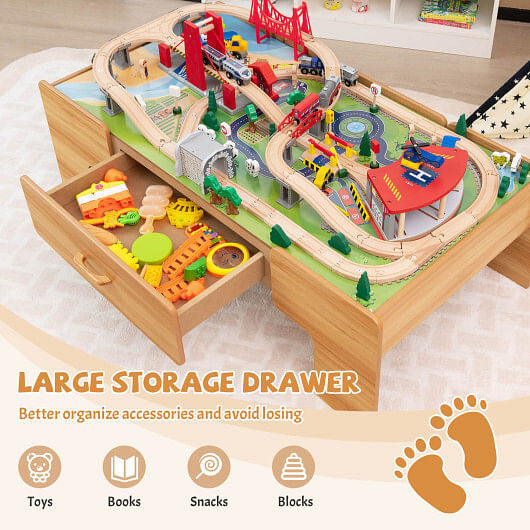 Kids Double-Sided Wooden Train Table Playset with Storage Drawer-3