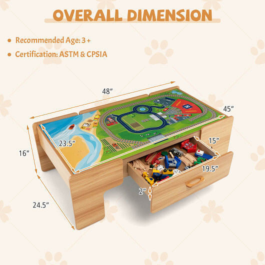 Kids Double-Sided Wooden Train Table Playset with Storage Drawer-4