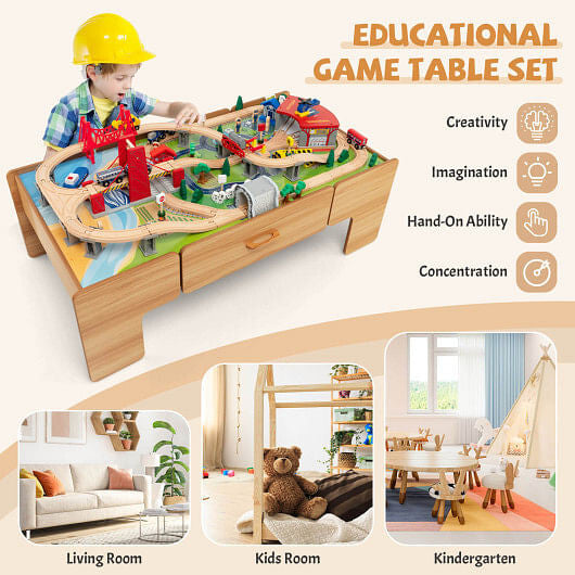 Kids Double-Sided Wooden Train Table Playset with Storage Drawer-2