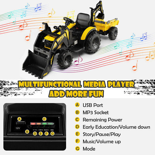 12V 3 in 1 Kids Ride On Excavator with Shovel Bucket and Music-Green-3
