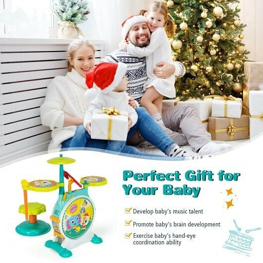 3 Pieces Electric Kids Drum Set with Microphone Stool Pedal-3