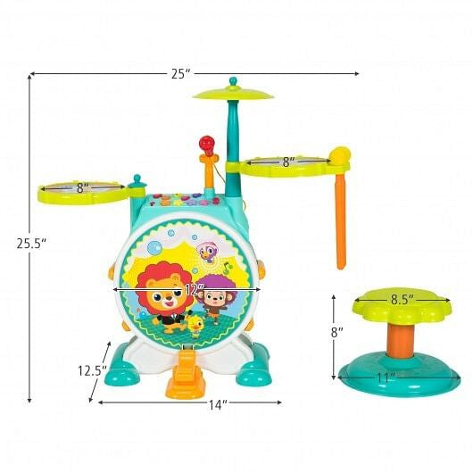 3 Pieces Electric Kids Drum Set with Microphone Stool Pedal-4