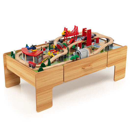 Kids Double-Sided Wooden Train Table Playset with Storage Drawer-0