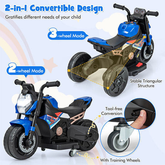 Kids Ride-on Motorcycle 6V Battery Powered Motorbike with Detachable Training Wheels-Blue-3