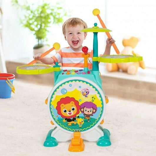 3 Pieces Electric Kids Drum Set with Microphone Stool Pedal-1