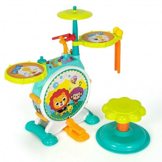3 Pieces Electric Kids Drum Set with Microphone Stool Pedal-0